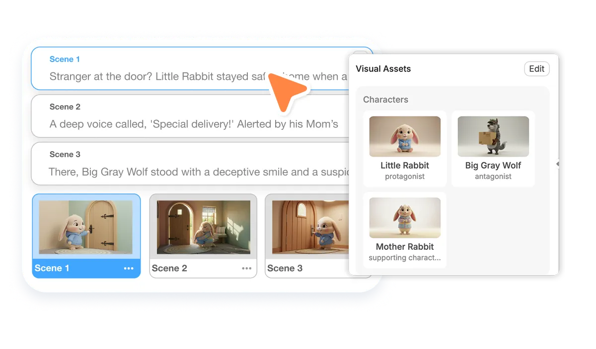 AI Storyboard Generator in Visla for editing a scene-by-scene AI storyboard like an outline before generating AI video clips